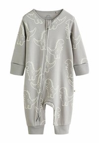 Un body en coton gris pour bébé avec un motif de dinosaure en beige clair. La fermeture éclair à l'avant et les poignets côtelés améliorent le confort et l'ajustement.