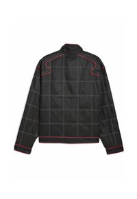 Black jacket with a grid pattern, contrasting white stitching, and red accents. Features a stand-up collar and long sleeves.