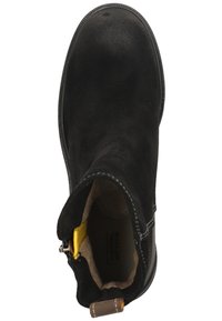 Black suede ankle boot with a smooth texture and yellow accent on the zipper. Overlapping collar design with a cushioned interior.