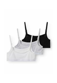 Trois bralettes en noir, gris et blanc. Fabriquées en tissu doux avec des bretelles réglables et une finition lisse. Design simple sans motifs.