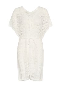 White crochet dress with a V-neck, short sleeves, and a drawstring waist. Features a detailed lace pattern throughout the fabric.