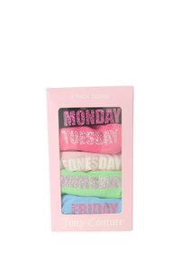 Vijfdelige set stringtanga in pastelkleuren, met prominente dagen van de week in glinsterend lettertype. Elke stringtanga heeft een andere dag van de week.