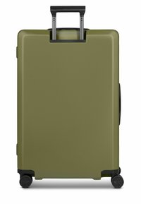 Valigia rigida verde oliva, design rettangolare, con manico retrattile e quattro ruote di plastica nera per la mobilità.