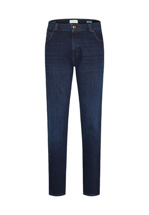 Dunkelblaue Denim-Jeans mit schlanker Passform, ausgestattet mit fünf Taschen, einem Knopfverschluss und subtilen Abnutzungserscheinungen an den Oberschenkeln für zusätzliche Textur.