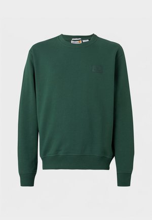 Sötétzöld, kereknyakú pulóver bordázott mandzsettákkal és szegéllyel, bal oldali mellrészen kis Timberland logóval.