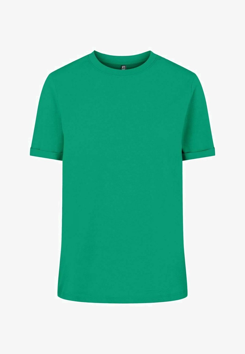 Green cotton t-shirt with short sleeves, crew neckline, and rolled sleeve hems. Smooth texture and a classic fit design.