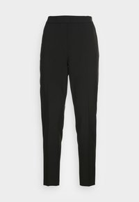 Černé kalhoty s úzkým střihem, hladkou texturou, vysokým pasem a vertikálními švy pro upravený vzhled. Žádné viditelné kovové prvky nebo vzory.