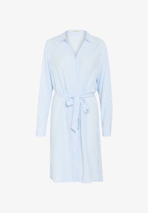 Šviesiai mėlynas ir baltas dryžuotas sukniukas, su mygtukų užsegimu priekyje, ilgomis rankovėmis, diržu juosmenyje ir minkšta medžiaga su šiek tiek blizgiu paviršiumi.