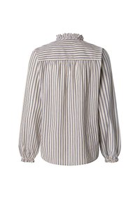 Langærmet bluse i stribet beige og blå stof, med en volangkrave og samlet detalje på ryggen. Elastiske manchetter forbedrer pasformen.