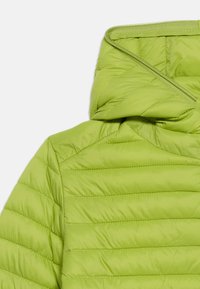 Ανοιχτό πράσινο μπουφάν με οριζόντιο ραφές και μερικώς ορατή κουκούλα σε λευκό φόντο.