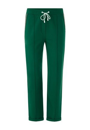 Green straight-leg pants with elastic waistband and white drawstring, featuring side stripe details and cuffed hems.