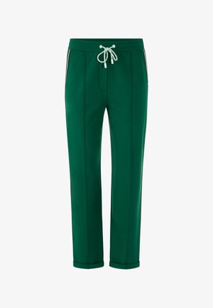Grüne Hose mit geradem Bein, elastischem Bund und weißem Kordelzug, mit seitlichen Streifendetails und umgeschlagenen Säumen.