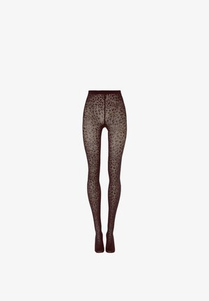 Svarta mönstrade strumpbyxor med leopardmönster, tillverkade av ett genomskinligt material med hög midja och följsam passform.