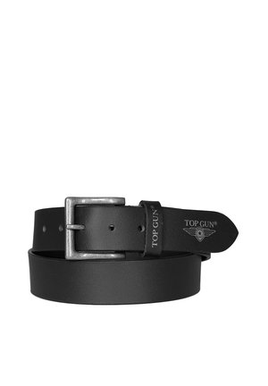 Sort læderbælte med sølv rektangulært spænde, mærket "TOP GUN" med logo på bæltestrop og spids.