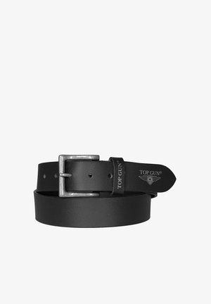 Sort læderbælte med sølv rektangulært spænde, mærket "TOP GUN" med logo på bæltestrop og spids.