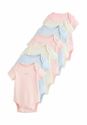 Set of six short-sleeve bodysuits in pink, light blue, yellow, and cream, featuring animal patterns and snap closures at the bottom.