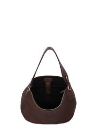Brown leather shoulder bag with a zipper opening, single strap, and black interior lining.