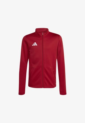 Ung atlet iført en rød lynlåstrøje og sorte bukser holder en hvid og sort Adidas fodbold under armen.