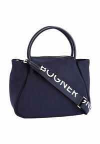 Granatowa nylonowa torebka o gładkiej fakturze, okrągłych uchwytach i odpinanym pasku z logo "BOGNER". Zamek błyskawiczny u góry.