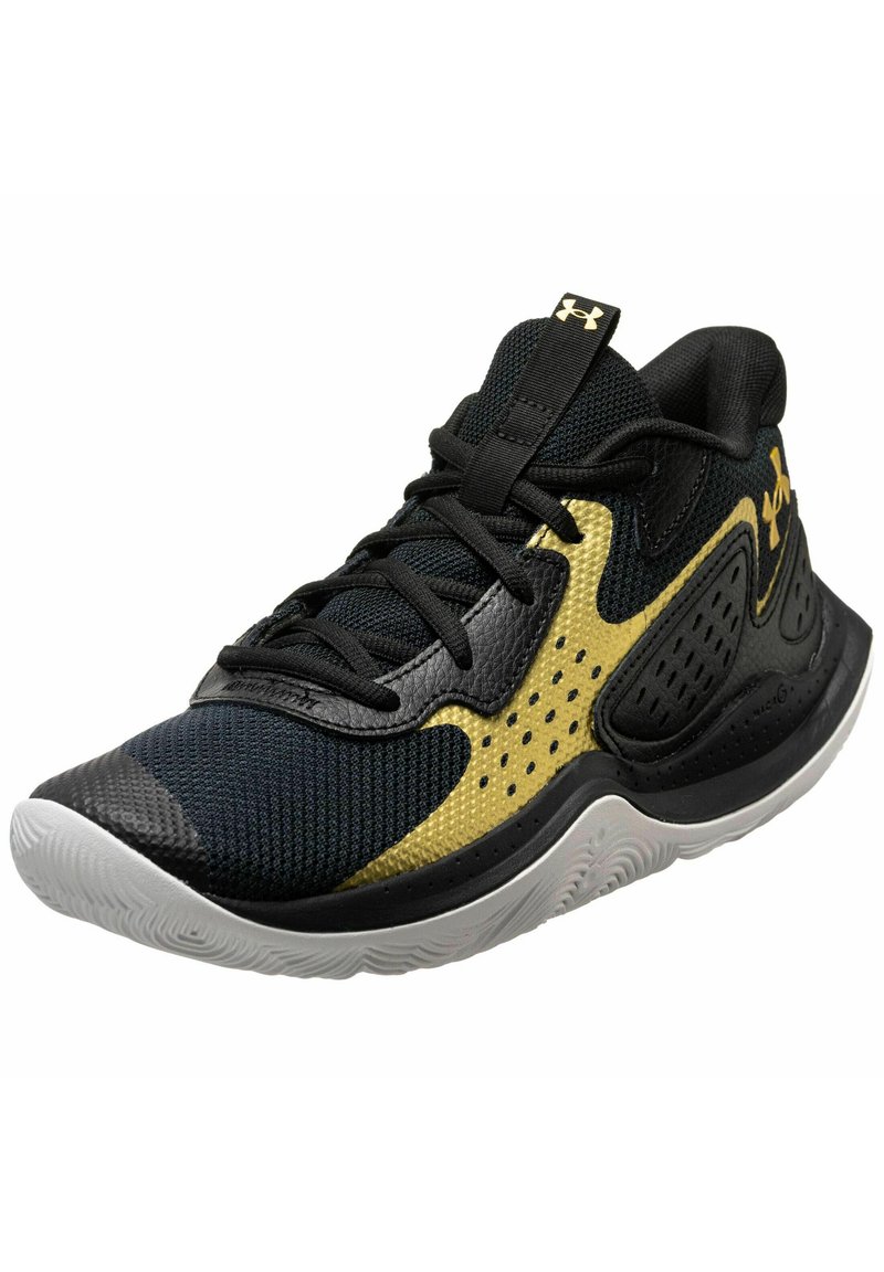 Baskets de sport noires et dorées avec une tige en maille respirante, des accents en cuir texturé, un col rembourré et une semelle en caoutchouc avec des motifs de traction.