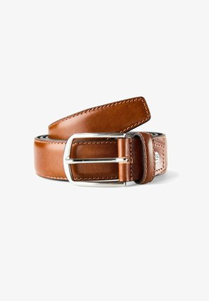 Cintura in pelle marrone con finitura liscia, caratterizzata da una fibbia in metallo argentato e cuciture a contrasto lungo i bordi. Dettagli comprendono un passante.