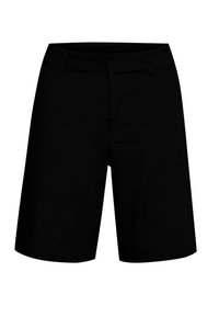Black shorts with a straight cut, made of smooth fabric, featuring a waistband and front pockets. Simple design with minimal stitching.