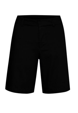 Shorts noirs à coupe droite, en tissu lisse, dotés d'une taille élastique et de poches avant. Design simple avec un minimum de coutures.