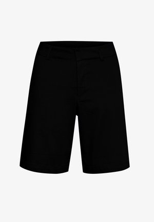 Black shorts with a straight cut, made of smooth fabric, featuring a waistband and front pockets. Simple design with minimal stitching.