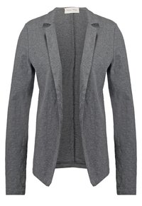 Grå, öppen framskjorta tillverkad av ett mjukt stickat tyg. Har långa ärmar och en avslappnad passform utan knäppning.