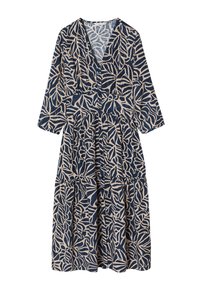 Vestido azul marino y beige con un patrón de hojas, que presenta un escote en V, mangas largas, cierre de botones en la parte delantera y un diseño de falda en capas.