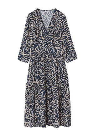 Mornarsko plava i bež haljina s uzorkom lišća, koja ima V-izrez, duge rukave, prednje dugmadi i dizajn suknje s slojevima.