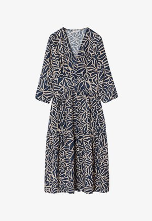 Tengerészkék és bézs ruházat, levelek mintázatával, V-nyakkal, hosszú ujjakkal, gombos elülső résszel és fodros szoknyadizájnnal.