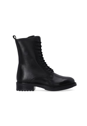 Bottine noire en cuir à lacets avec talon bas et languette à l'arrière, vue de côté droit sur fond blanc.