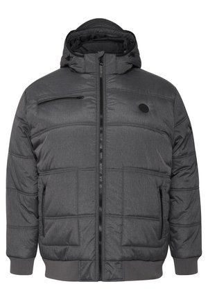 Graue gepolsterte Jacke mit Kapuze, Reißverschluss auf der Vorderseite und Taschen. Besitzt einen strukturierten Stoff und elastische Bündchen für eine enganliegende Passform.