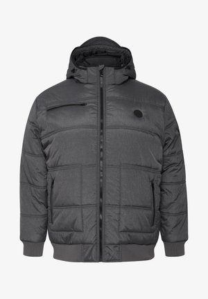 Sivi pufasti jakna s kapuljačom, prednjim zatvaračem i džepovima. Ima teksturiranu tkaninu i elastične manžetne za udoban fit.