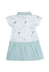 Abito stile polo con un corpetto bianco decorato con motivi animali pastello, maniche corte e una gonna a righe verdi. Tessuto di cotone.