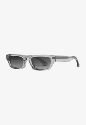 Gray transparent sunglasses with dark gray lenses, rectangular shape, and thick frames. Features straight temples with slight detailing.