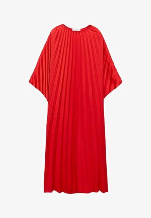 Rdeča nabraná obleka s okroglim izrezom in širokimi rokavi. Izdelana iz lahkotnega materiala, z navpičnimi črtami za teksturo.