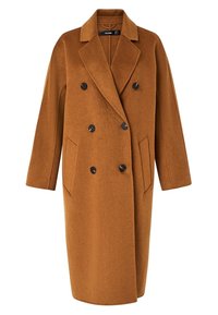 Cappotto in lana marrone camel doppio petto, lungo, con bottoni neri, rever a punta, tasche laterali e maniche a lunghezza completa.