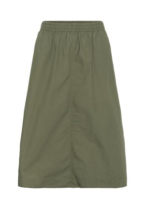 Gonna verde oliva fino al ginocchio con vita elastica e cucitura diritta al centro.