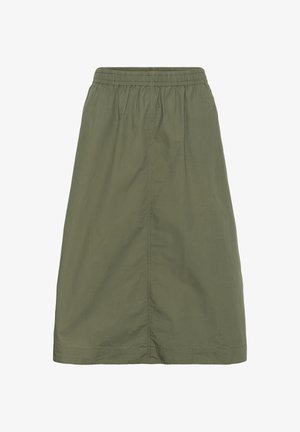 Gonna verde oliva fino al ginocchio con vita elastica e cucitura diritta al centro.