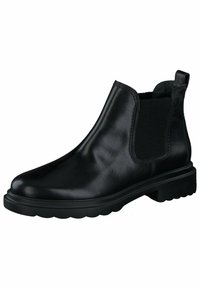Černá kožená kotníková bota s elastickými bočními panely, kulatou špičkou a texturovanou gumovou podrážkou, která má poutko pro snadné obutí.