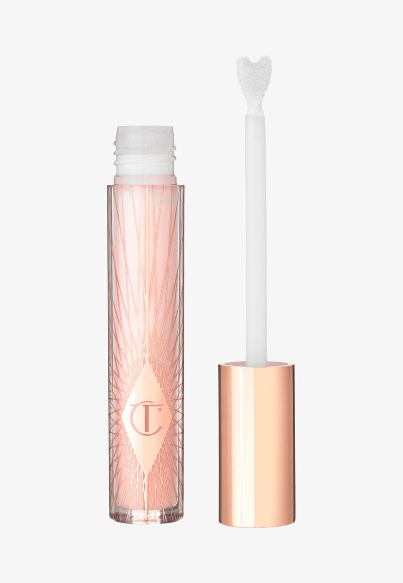 Lip gloss in a clear tube with a geometric rose gold design, featuring a heart-shaped applicator and soft, textured white tip.