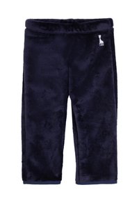 Pantaloni in pile color navy con cintura elastica, texture morbida, taglio dritto e un piccolo logo di una giraffa bianca sul lato sinistro.