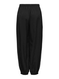 Pantalon noir coupe ample avec taille élastique et poignets élastiques froncés, présenté sur un fond blanc.
