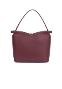 Sac à main en cuir bordeaux avec un haut arrondi, une bandoulière unique et du matériel doré. Il présente une finition texturée et une fermeture éclair.