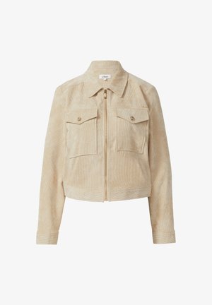 Beige Cordjacke mit Reißverschluss, zwei Brusttaschen und einem leicht cropped Design. Der Stoff hat eine weiche, strukturierte Oberfläche.