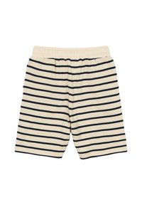 Pantaloni corti a righe con base crema e strisce blu navy, vita elastica, tessuto di cotone morbido e vestibilità fino al ginocchio.