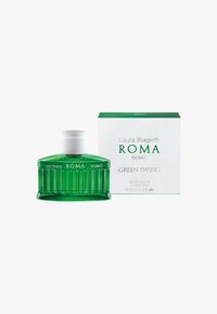 Grüner Glasparfümflakon mit weißem Deckel, beschriftet mit "Laura Biagiotti Roma Uomo", neben einer weißen und grünen Verpackungsbox mit der Aufschrift "Green Swing".