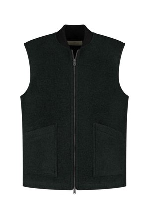 Zwarte mouwloze vest van textuurwolmix, voorzien van twee voorzijzakken, een ritssluiting en een contrasterende kraag.